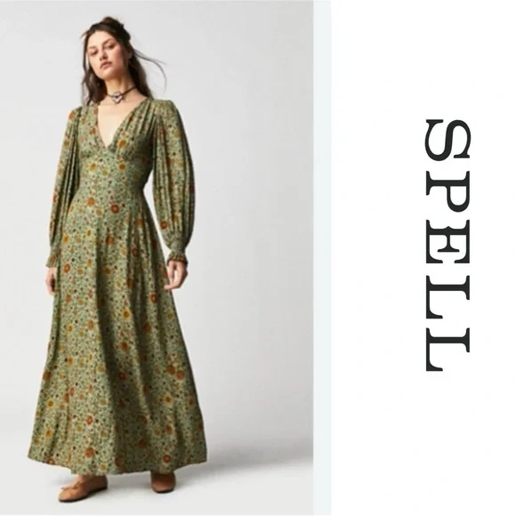 NWT! Spell x Free People "The Lady Untamed" Floral Gown in Matcha Med MSRP $289 - Picture 14 of 14